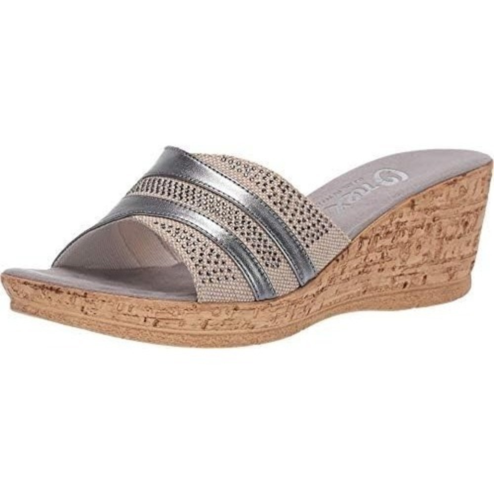 Women's Pewter Leather Slide Wedge Sandals Onex Size 8